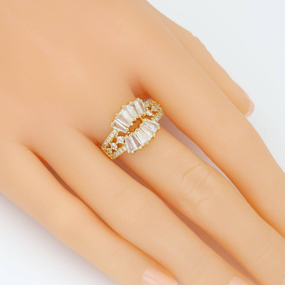 Baguette CZ Feather Shaple Statement Adjustable Ring, Sku#LD614