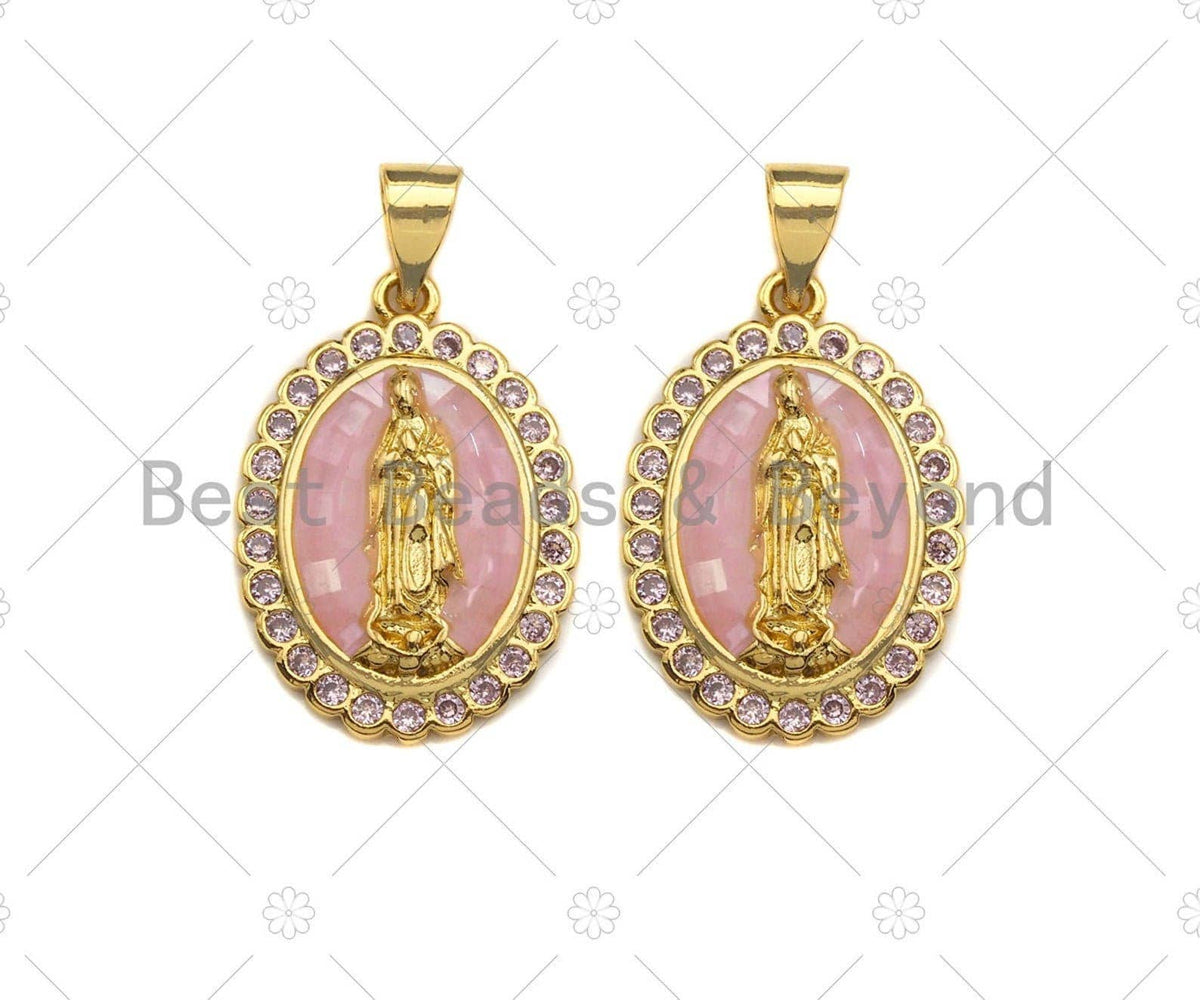 Mary Pink Mother-of-pearl Inlay Oval Pendant, Cubic Zirconia Pendant, Gold Pink Tone, Reglious charm, 15x22mm, Sku#LK71