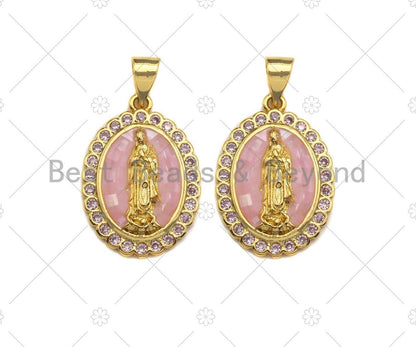 Mary Pink Mother-of-pearl Inlay Oval Pendant, Cubic Zirconia Pendant, Gold Pink Tone, Reglious charm, 15x22mm, Sku#LK71