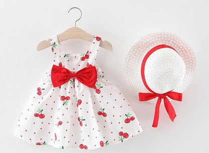 Modern Luxury Baby Girl Summer Party Clothing Cherry Dot Princess Dresses Bow Hat Outfits For Girls