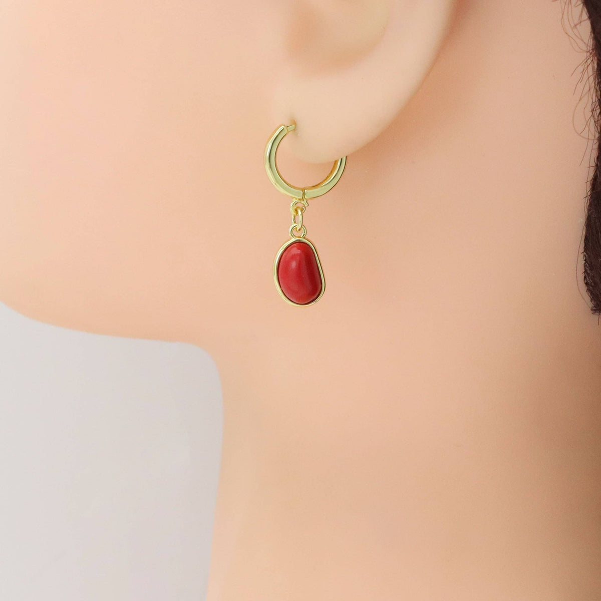 Gold Red Bean Pendant Hoop Earrings, Sku#A366