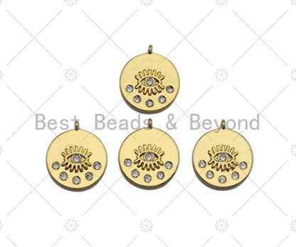 Clear CZ Micro Pave Evil Eye on Disc Pendant/Charm, Lucky Eye Cubic Zirconia Pendant, Real Gold Plated Charm Pendant,18x21mm,Sku#L303