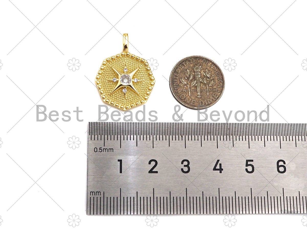 Big CZ Micro Pave North Star On Octagon Shape Pendant/Charm,Dainty Gold/Silver Charm, Necklace Bracelet Charm Pendant,19x25mm, Sku#B127