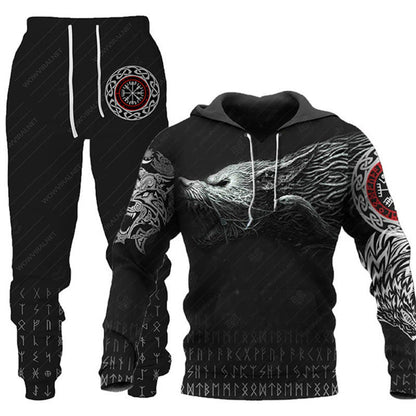Animal-print Hooded Pullover Sweatshirt And Menswomens Sportswear Set
