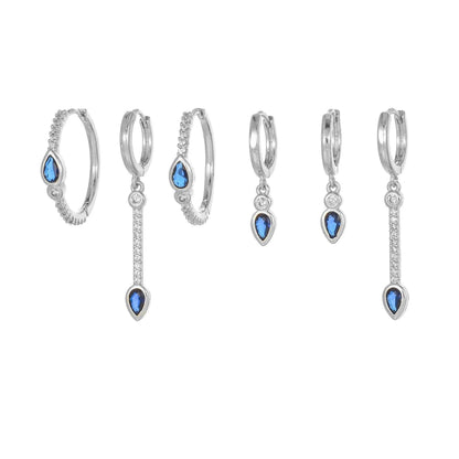 Multi Sets of Blue Flower Pierced Earrings, 4-6pcs, 18k Gold Plated Stud Drop Hoop Huggie Cuff Chain, S925 Needle