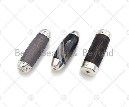 Large Natural Tibetan Agate Barrel Shape Spacer Beads, Silve