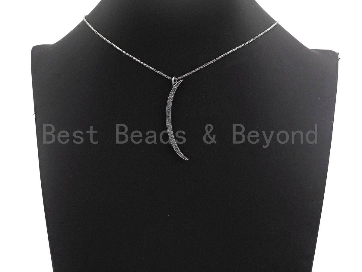 Oxidized Silver CZ Micro Pave Crescent Moon Shaped Pendant/Charm, Antique Silver Thin Moon, Cubic Zirconia Pendant Charm, 3x49mm,sku#X122