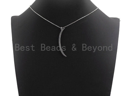 Oxidized Silver CZ Micro Pave Crescent Moon Shaped Pendant/Charm, Antique Silver Thin Moon, Cubic Zirconia Pendant Charm, 3x49mm,sku#X122