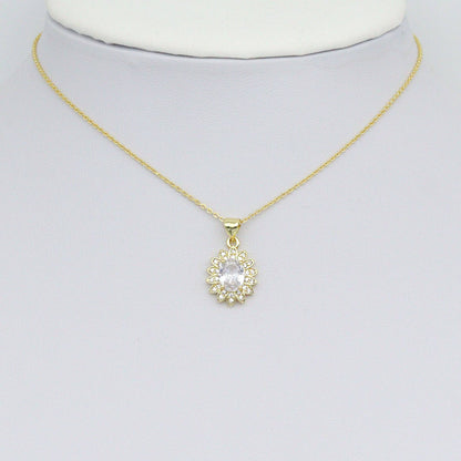 Clear Oval CZ Gold Flower Charm Pendant, Sku#LK1073