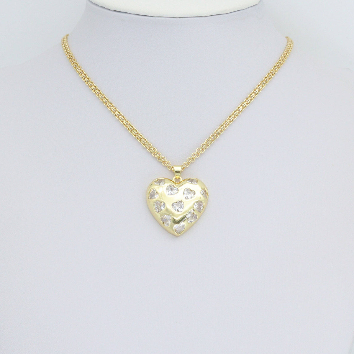 Clear CZ Gold Silver Heart on Heart Charm Pendant,Sku#LD714