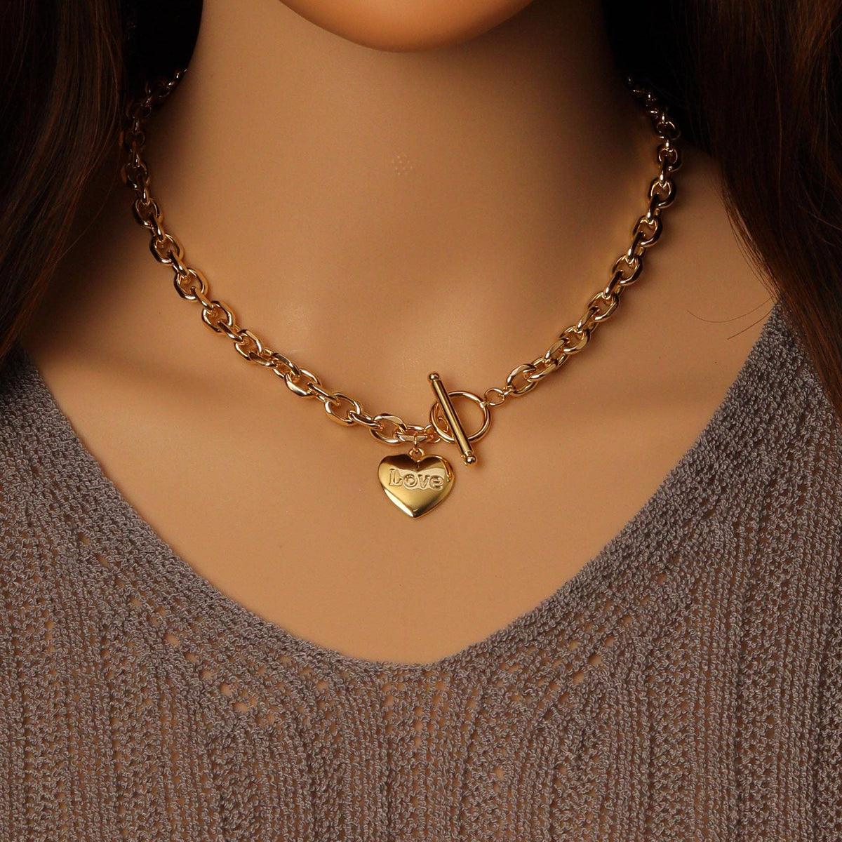 Thick Square Link Chain Love Heart Pendant Necklace, sku#EF489