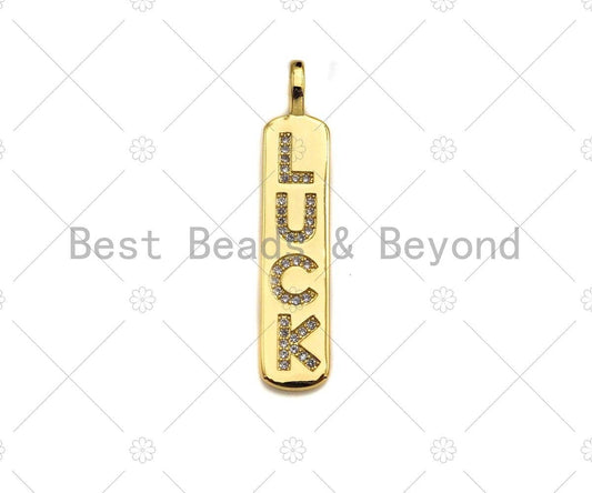 CZ Micro Pave Gold Bar LUCK Pendant, Cubic Zirconia Gold Strip Pendant, Micro pave Luck pendant, 9x43mm, sku#LK137