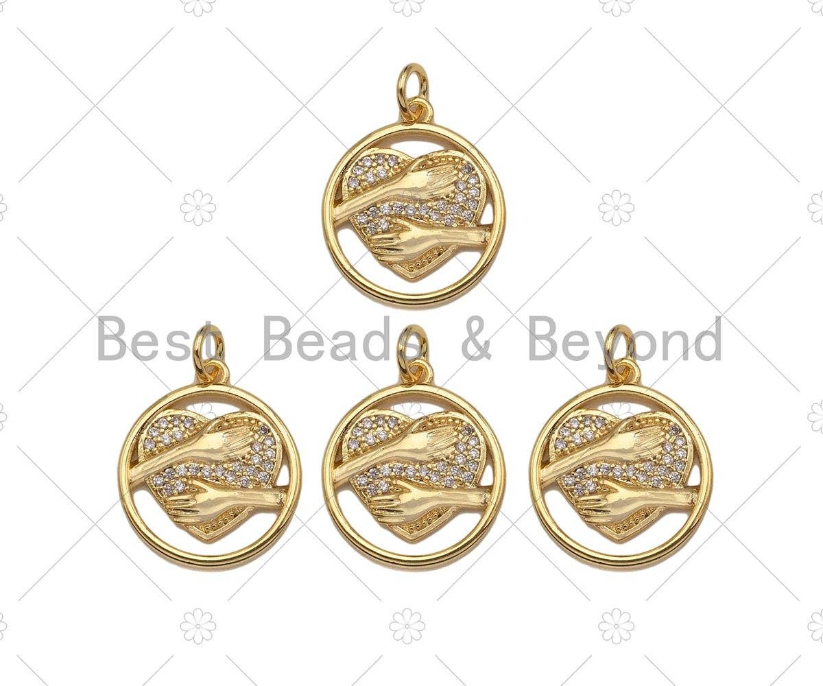 CZ Micro Pave Hug Heart On Round Ring Shape Pendant/Charm,CZ 14K Dainty Gold Charm, Necklace Bracelet Charm Pendant,16x19mm,Sku#CP18