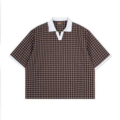 Mens Summer Thin Color-Block Plaid Lapel Short-Sleeve Shirt