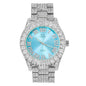 Techno Pave Womens 44mm Iced Solitaire Bezel Watch - Silver Plated with Blue Roman Dial