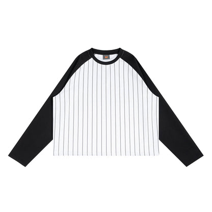 Mens Short Raglan-Style Baseball Long-Sleeve Striped Casual T-Shirt