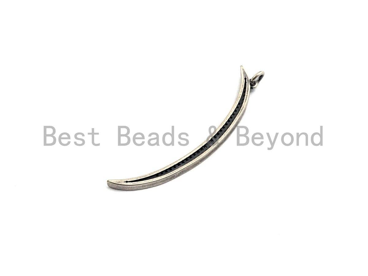 Oxidized Silver CZ Micro Pave Crescent Moon Shaped Pendant/Charm, Antique Silver Thin Moon, Cubic Zirconia Pendant Charm, 3x49mm,sku#X122