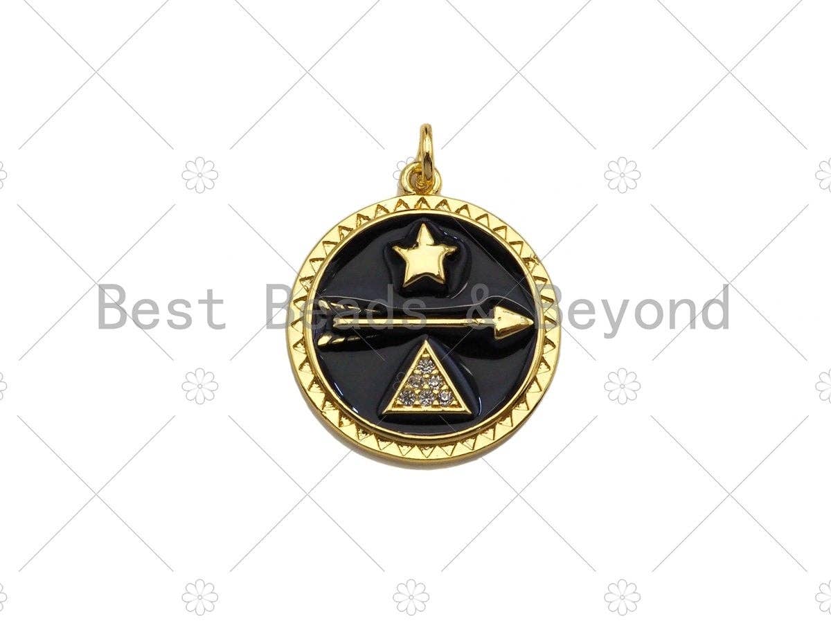 Colorful Enamel Pave Star Arrow Triangle On Round Coin Pendant, Gold Enamel Round Pendant, Pave Enamel Jewelry Findings,20x23mm,Sku#L438