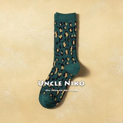 Ins Combed Cotton Mid-calf Socks Double-needle Korean-style Leopard Print