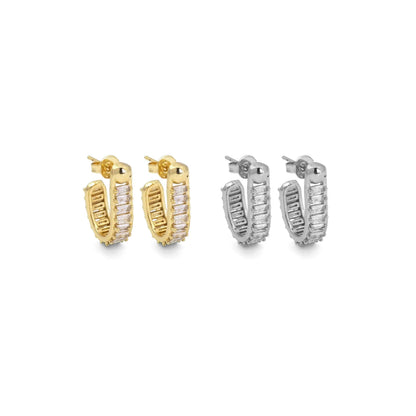 Gold Silver Baguette CZ Oval Shape Earrings, Sku#A127