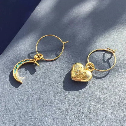 Crystal Moon Earrings | Turquoise Moon & Heart Charm Hoops - Femstylo