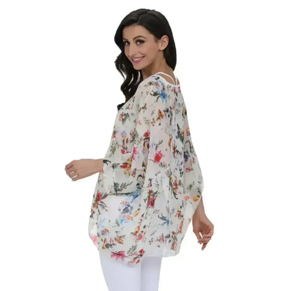 White Floral Chiffon Tunic Top - Summer Cover-Up | Femstylo