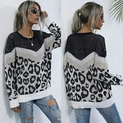 Leopard Print Sweater – Gray Acrylic Knit | Sizes S-L