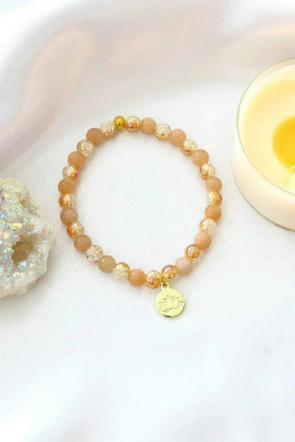 Sunstone Elastic Bracelet | 24K Lotus Flower Charm