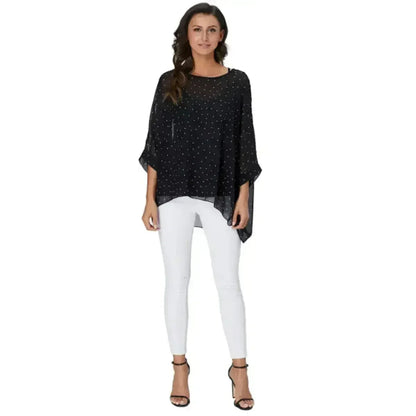 Black Polkadot Chiffon Tunic Top - Batwing Sleeves | Femstylo