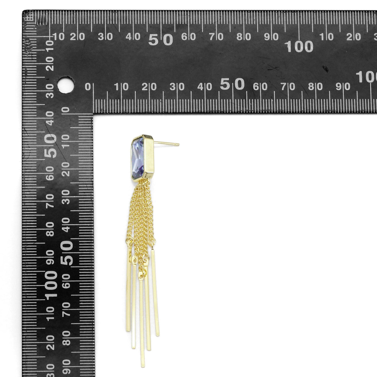 Gold Rectangle CZ With Dangle Link Earrings, Sku#LD467
