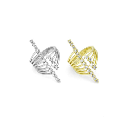 Gold Silver CZ Gold Long Bar Wrap Ring, Sku#A140