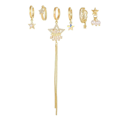 Stacking 5 Pieces Starry Pearl Elegance Earring Set, 18k Gold Stud Drop Hoop, S925 Needle, Stacked Lobe Designs with Dazzling Zirconia