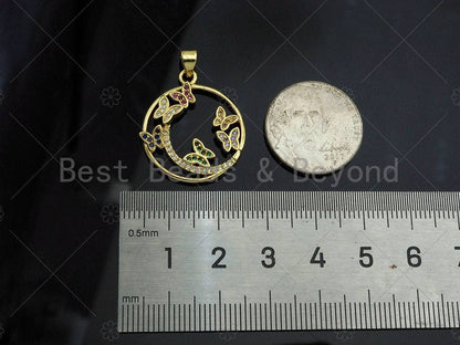 Gold Fillled Colorful CZ Micro Pave Butterfly On Round Ring Shape Pendant, 18K Gold Filled Charm, Necklace Bracelet Pendant,22x26mm,Sku#LD97
