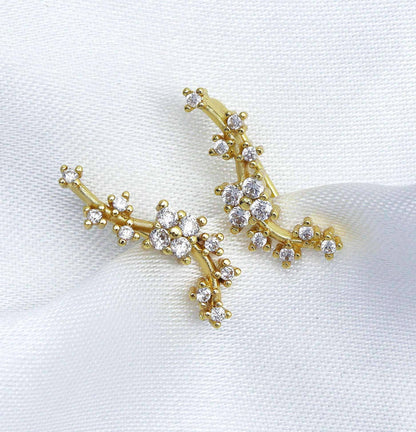 Gold Ear Climber Earring in Clear Crystal, Flower Blossom Earrings, Sku#B223
