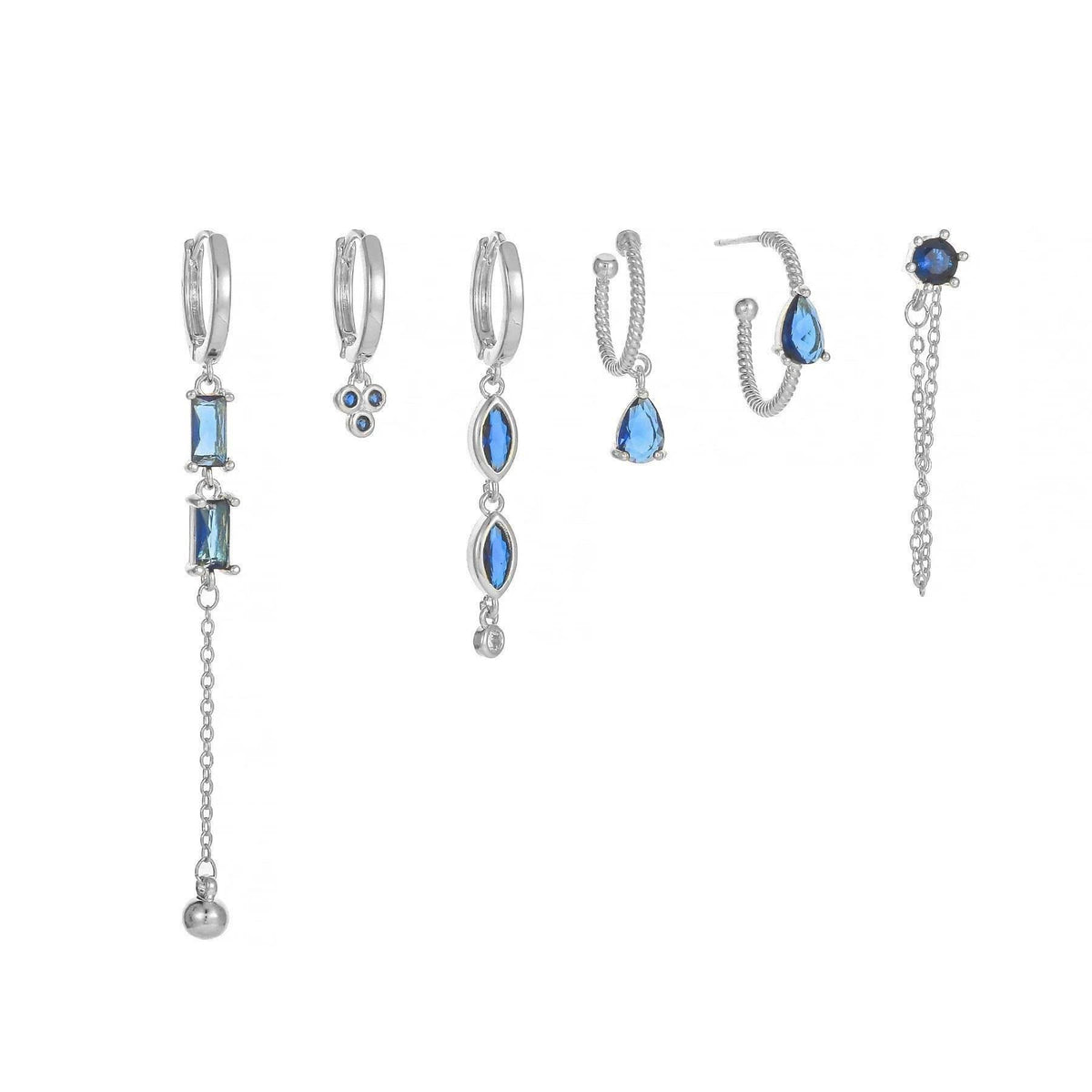 Multi Sets of Blue Flower Pierced Earrings, 4-6pcs, 18k Gold Plated Stud Drop Hoop Huggie Cuff Chain, S925 Needle