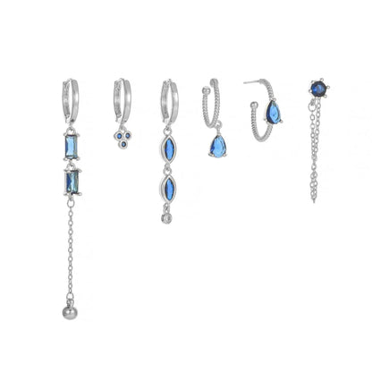 Multi Sets of Blue Flower Pierced Earrings, 4-6pcs, 18k Gold Plated Stud Drop Hoop Huggie Cuff Chain, S925 Needle
