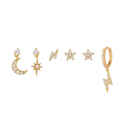 Multi Sets of Chic Star&Moon Earrings, 3-6pcs, 18k Gold Plated Stud Drop Hoop Huggie Cuff Chain, S925 Needle