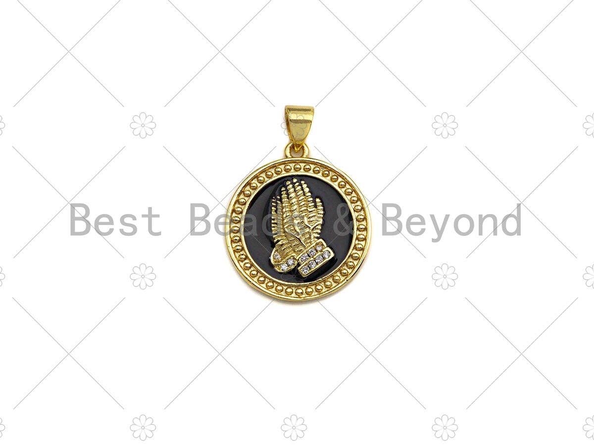 CZ Micro Pave Enamel Prayer Hand Pendant, 3D Embossment Hands Charm, Coin Jewelry, 19mm,sku#LK03