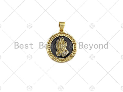 CZ Micro Pave Enamel Prayer Hand Pendant, 3D Embossment Hands Charm, Coin Jewelry, 19mm,sku#LK03