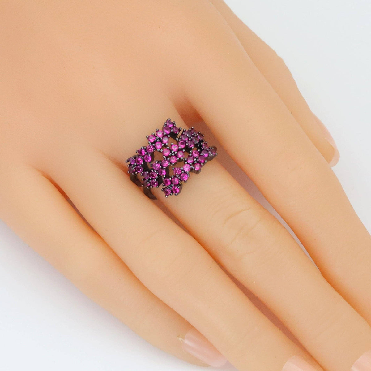 Black Pink Clear CZ Multilines Flower Adjustable Ring, Sku#A284