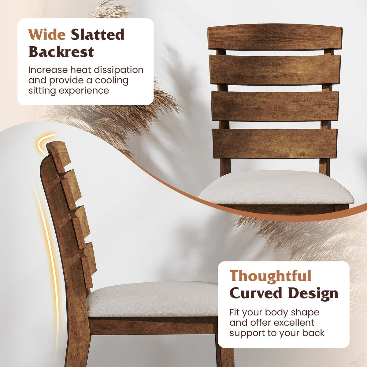 Dining Chair Set of 2 with Slatted High Backrest and Rubber Wood Legs-Brown