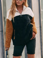 Double sided plush contrasting patch pocket hoodie color blocked plush top for women