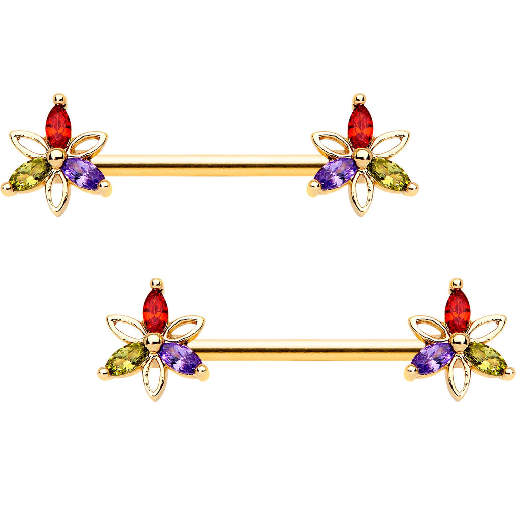 14G Rainbow Gem Star Gold Tone BCR Ring Barbell Nipple Ring Set