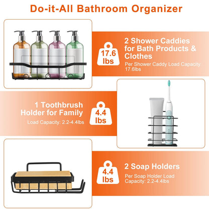 5 Pack Shower Caddy Shelves with 18 Inbuilt Hooks Rustproof Wall-Mounted Storage Shelves for Bathroom Dorm Kitchen Adhesive Bathroom Organizer for Shampoo Toothbrush Soap