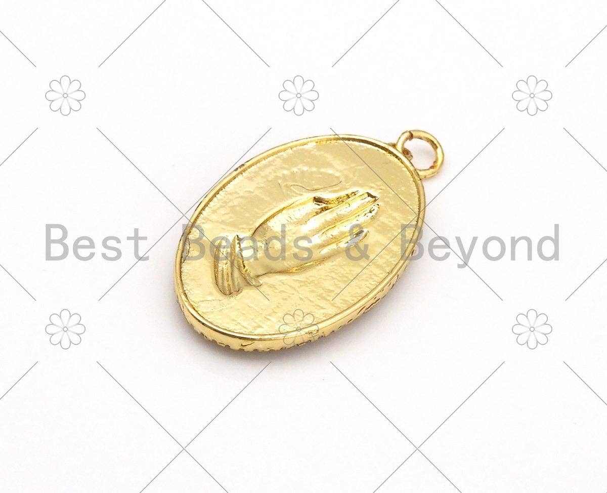 CZ Micro Pave Praying Hands Oval Shape Pendant, Gold Filled Oval Pendant, Praying hands charm, 20x32mm,Sku#L607