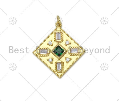 Baguette CZ Micro Pave Rhombus Shape Pendant/Charm, 18K Gold Filled Green CZ Charm,Necklace Bracelet Charm Pendant,28x25mm,Sku#L582