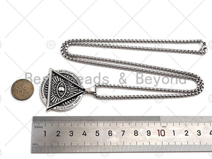 Protection Eye Skull Engraved Pendant Necklae, Stainless Steel Silver Chain Necklace -Men's Jewelry - Pendant Necklace, sku#L341