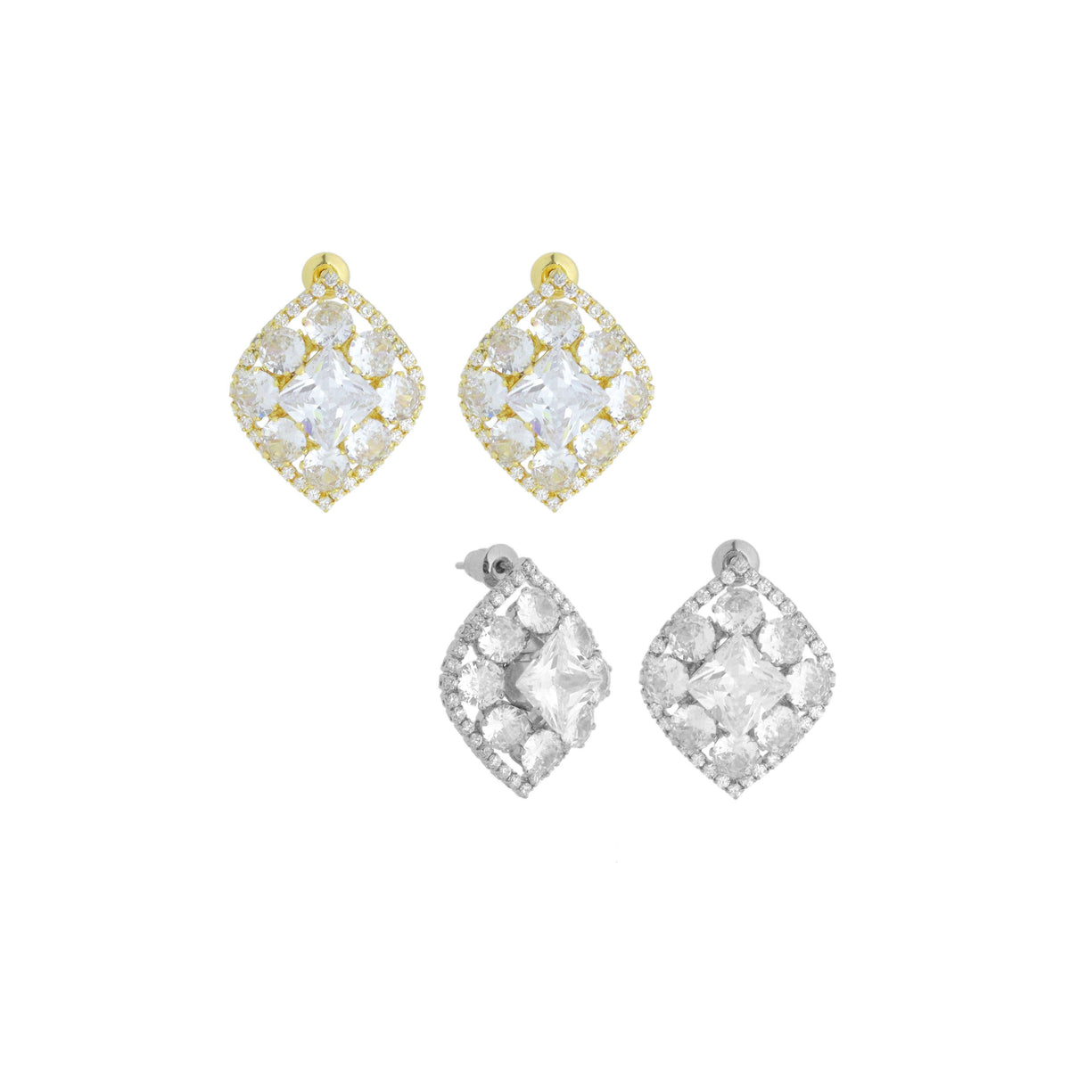 Baguette Diamond CZ Gold Silver Marquise shape Stud Earrings, Sku#L737