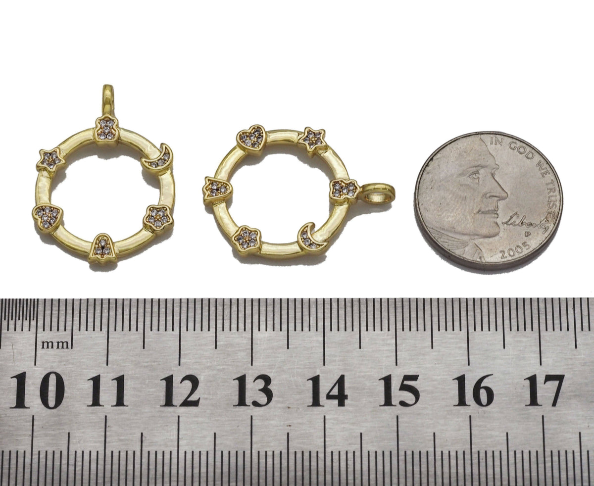 CZ Gold Heart Moon Star Flower On Round Ring Charm, Sku#LK766