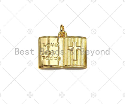 18K Dainty Gold Love Luck Cross On Book Shape Pendant/Charm,Book Medallion Charm, Necklace Bracelet Charm Pendant,20x16mm, Sku#LK255